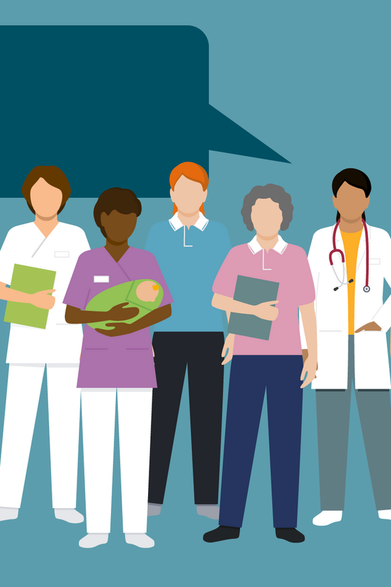 Grafische Darstellung verschiedener Frauen in unterschiedlichen Berufen mit Sprechblase im Hintergrund, Frauen im Portrait, Interviews mit unterschiedlichen Frauen zum Weltfrauentag, Kampagne, Immanuel Albertinen Diakonie Grafische Darstellung verschiedener Frauen in unterschiedlichen Berufen mit Sprechblase im Hintergrund, Frauen im Portrait, Interviews mit unterschiedlichen Frauen zum Weltfrauentag, Kampagne, Immanuel Albertinen Diakonie