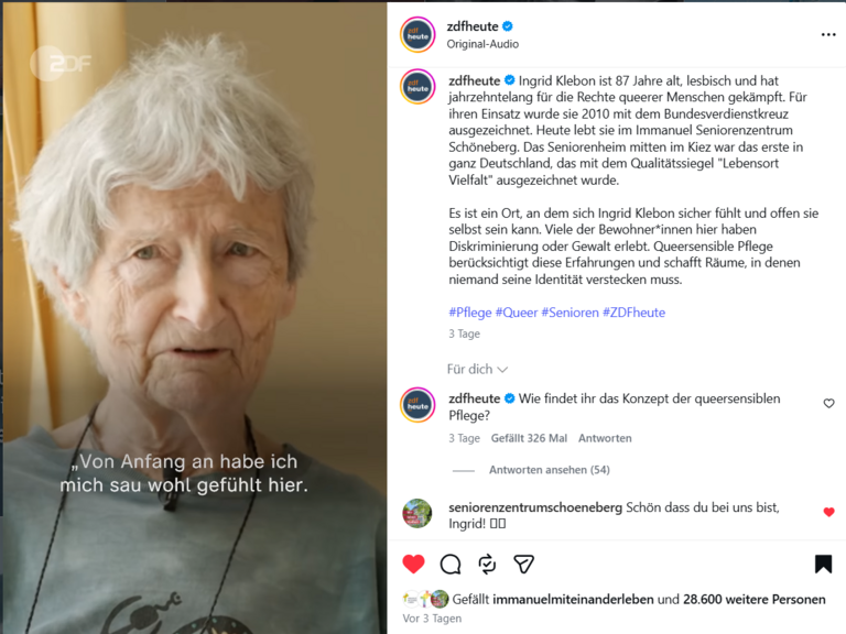 Screenshot eines Instagram Reels vom ZDF mit Bewohnerin Ingrid Klebohn - Immanuel Seniorenzentrum Schöneberg Screenshot eines Instagram Reels vom ZDF mit Bewohnerin Ingrid Klebohn - Immanuel Seniorenzentrum Schöneberg